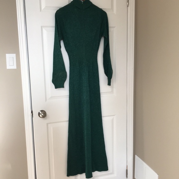 Vintage Wenjilli Metallic Knit Long Sleeve Maxi Dress Turtle Neck; Mesh V @ Neck - Picture 4 of 16